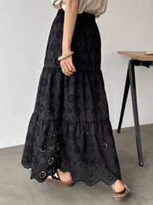 FRIFUL Chân váy nữ màu đen dáng rộng thêu họa tiết, phong cách bohemian thanh lịch, thích hợp cho mùa xuân/hè. - màu đen - Xem 3