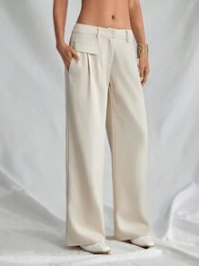 SHEIN Unity 1 quần dài vải lanh ống rộng cạp trễ màu mơ có túi phong cách Bohemian cho nữ, lễ hội âm nhạc - Màu be - Xem 3