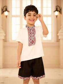 SHEIN 2 件套 男童复古印花中式立领衬衫 + 拼布短裤