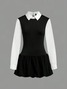 SHEIN EZwear Women's Patchwork Shirt Style Ruched Midi Dress