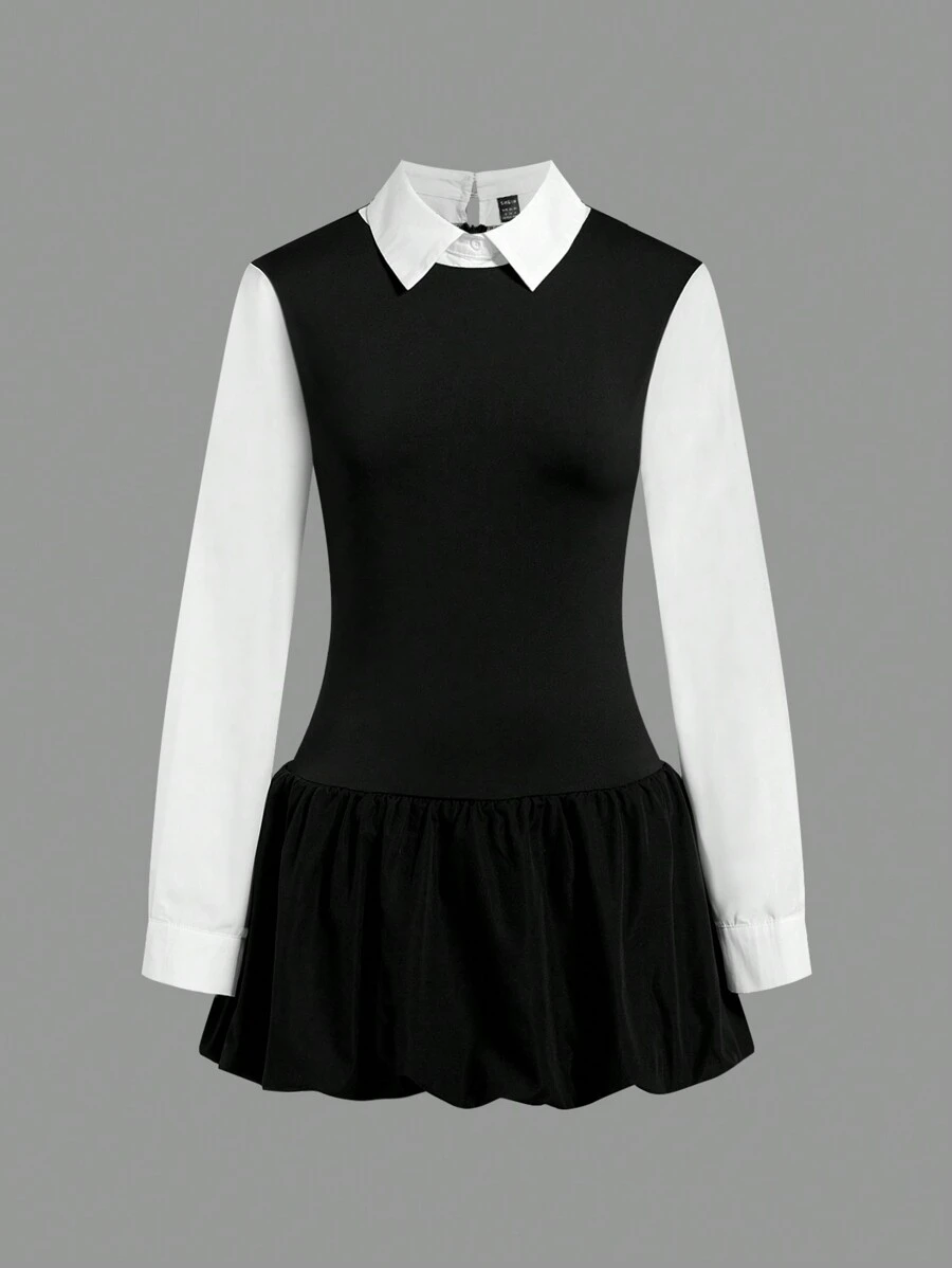 SHEIN EZwear Women's Patchwork Shirt Style Ruched Midi Dress