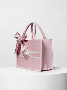 1 Túi Tote Thời Trang Cho Nữ (11in*7.9in*3.9in), Sức Chứa Lớn, Hình Vuông, Nhẹ, Trang Trí Khăn Lụa Tinh Tế, Chất Liệu Chống Xước, Thích Hợp Cho Mua Sắm, Hẹn Hò, Tụ Tập, Đi Làm, Túi Tote Nữ Màu Hồng Xám Đơn Giản Và Thanh Lịch Có Họa Tiết Chữ, Ví Nơ Cho Nữ Quà Tặng Giáng Sinh Mùa Đông - Hồng - Xem 2