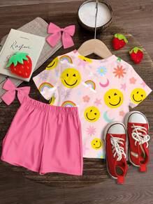 SHEIN Leap Crew 2 pezzi/set Ragazza giovane, maglietta a maniche corte con stampa floreale e arcobaleno, e pantaloncini casual semplici, adatti per l'estate - Multicolore - Visualizzare 3