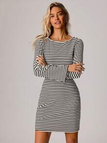 Forever 21 Women Striped Round Neck Bell Sleeve Casual Straight Dress - Multicolor - View 5