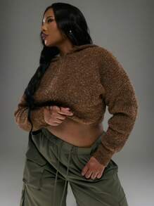 MUSERA Plus Size Cropped Textured Knit Long Sleeve Full Zip Hoodie Cardigan For Everyday, Casual, Break, Classy Chic - Multicolor - View 1
