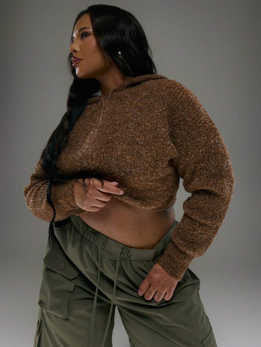 MUSERA Plus Size Cropped Textured Knit Long Sleeve Full Zip Hoodie Cardigan For Everyday, Casual, Break, Classy Chic - Multicolor - View 1