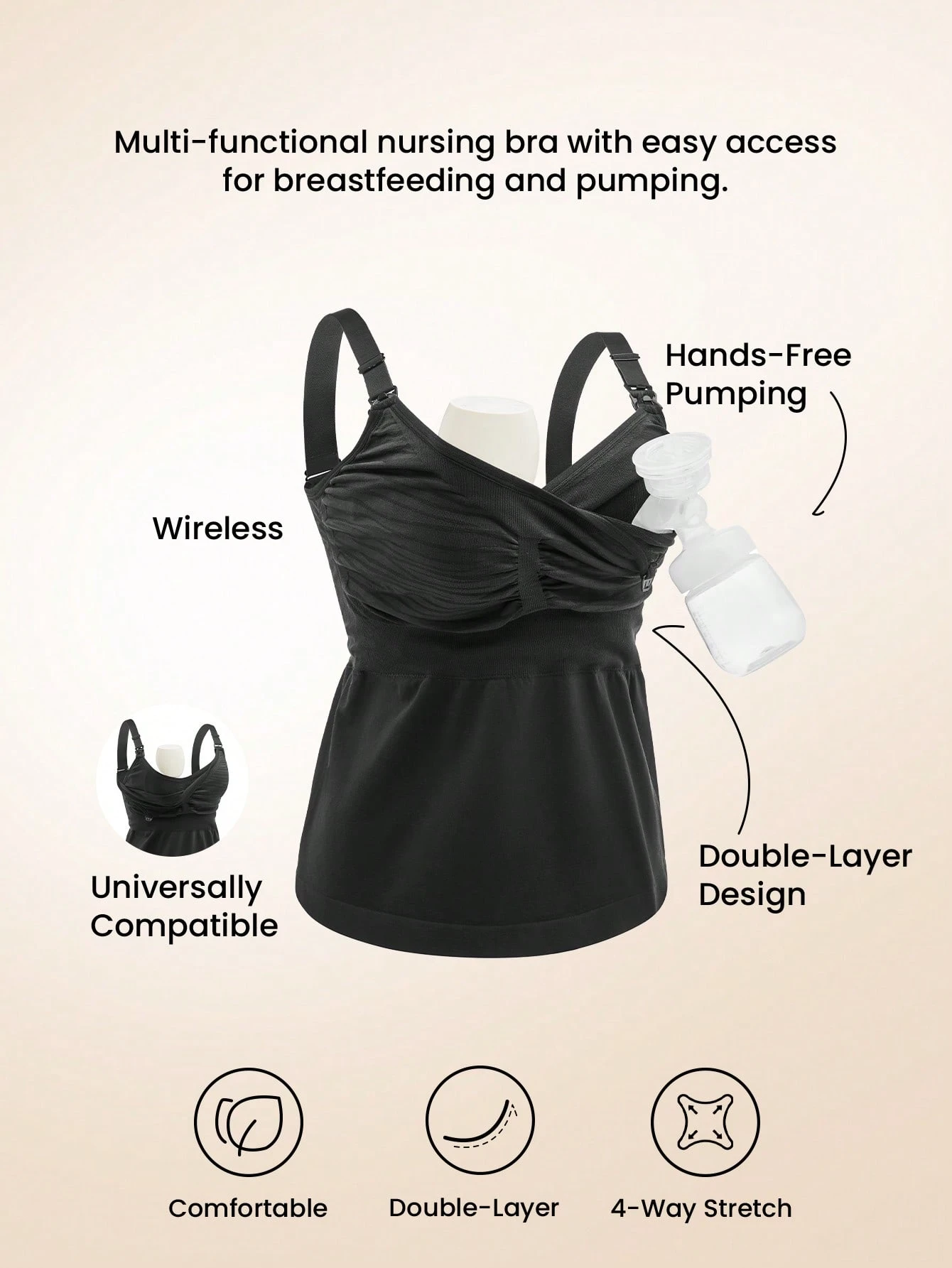 Canotta nera senza cuciture e senza mani per l'allattamento, top per l'allattamento e la spremitura, cami per il post-parto per l'allattamento e la spremitura, comoda canotta da maternità senza reggiseno per la maternità