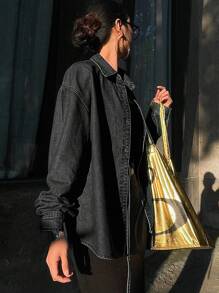 DAZY Áo cánh denim buộc dây bên hông cho nữ, phong cách tối giản và thời trang để mặc hàng ngày, áo khoác jeans, quần áo nữ mùa thu dài tay cho nữ - màu đen - Xem 4