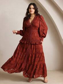 Anewsta Red Elegant Plus Size V-Neck Long Sleeve Satin Maxi Dress,Autumn Patchwork Ruffle Hem Slim Waist Party Dress For Wedding,Formal,Work,Valentine's Day - Burgundy - View 5