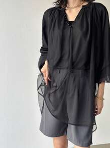 FRIFUL Blusa negra holgada con capa de malla, top de verano 2 en 1, blusa de manga larga con volantes - Negro - Ver 5
