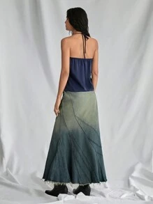 TRNVIE 1pc Navy Blue Simple Versatile Soft Crinkle Fabric Spaghetti Strap Top With Ruched Neckline & Bowknot Closure, Bohemian Style Top For Women, Music Festival - Navy Blue - View 2