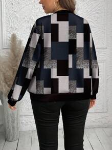 SHEIN LUNE Plus Size Black And White Checkered Jacket: Chic Geometric Print Bomber For Women Fall Clothes Winter Clothes Autumn