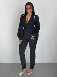 Maweii 2pcs/Set Plus Size Summer Casual Solid Color Halter Tank And Skinny Pants Set - Black - View 5