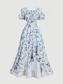 SHEIN MOD Blue & White Floral Puff Sleeve Asymmetrical Ruffle Hem Dress,Valentines Clothes,Spring Women Outfits,Valentines Women Outfit,Rave Festival Outfits,Spring Dress,Bachelorette Outfits