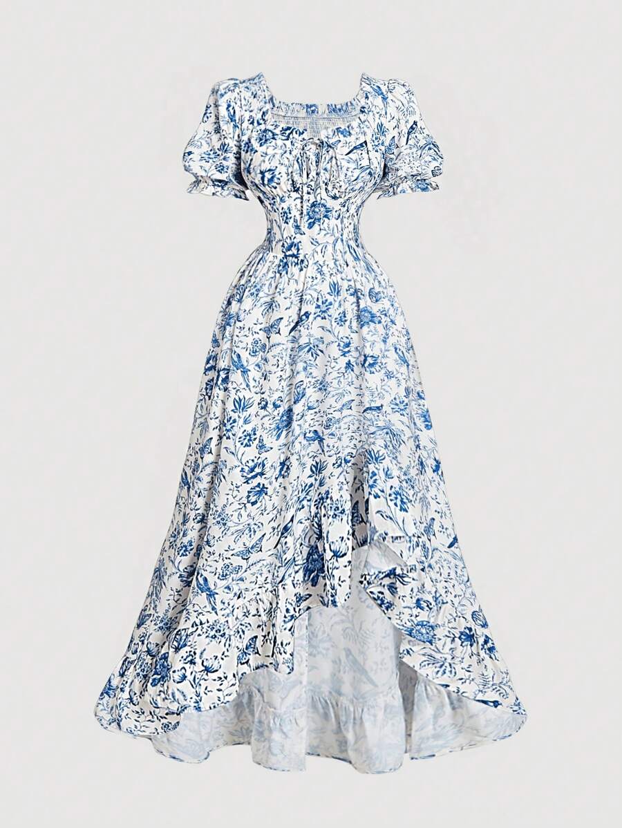 SHEIN MOD Blue & White Floral Puff Sleeve Asymmetrical Ruffle Hem Dress,Valentines Clothes,Spring Women Outfits,Valentines Women Outfit,Rave Festival Outfits,Spring Dress,Bachelorette Outfits