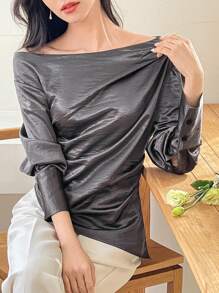 DAZY Blusa elegante de mujer con cuello asimétrico y cintura, manga larga, top con hombros descubiertos, tops para salir - Gris - Ver 5
