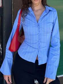 INAWLY 女士条纹长袖单排扣休闲/工作衬衫 - 藍色 - 查看 1