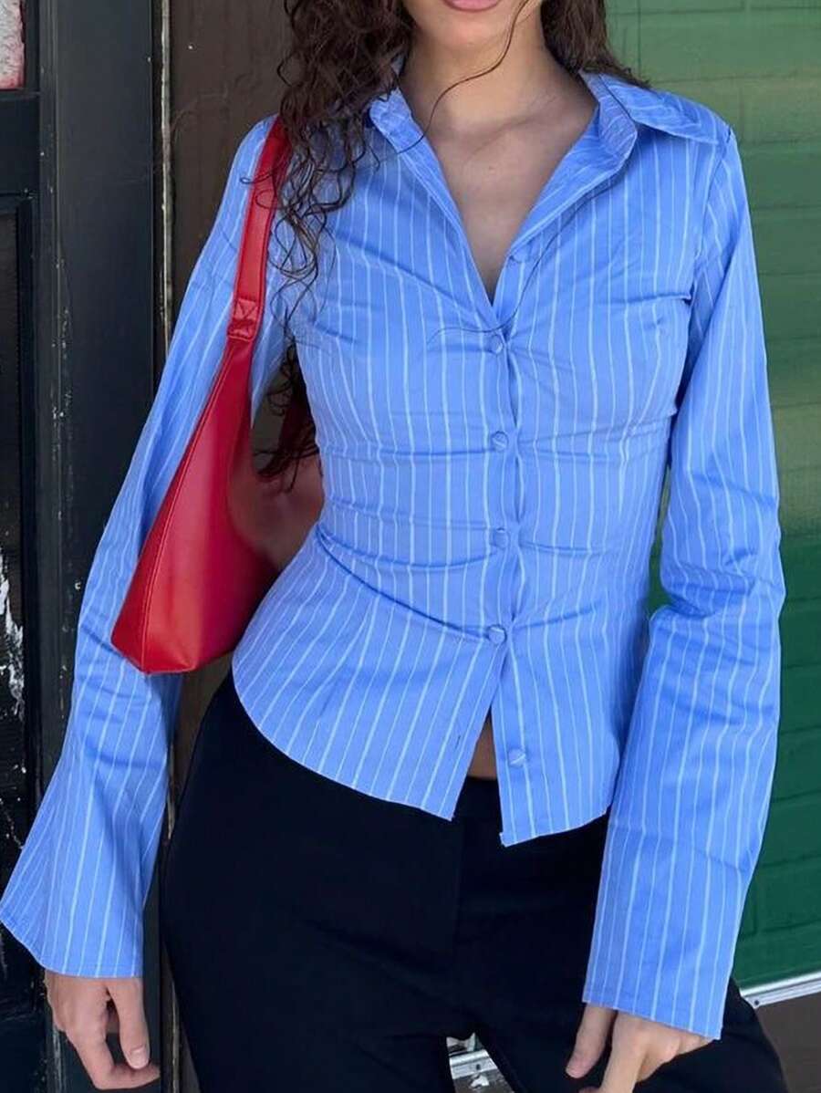 INAWLY 女士条纹长袖单排扣休闲/工作衬衫 - 藍色 - 查看 1