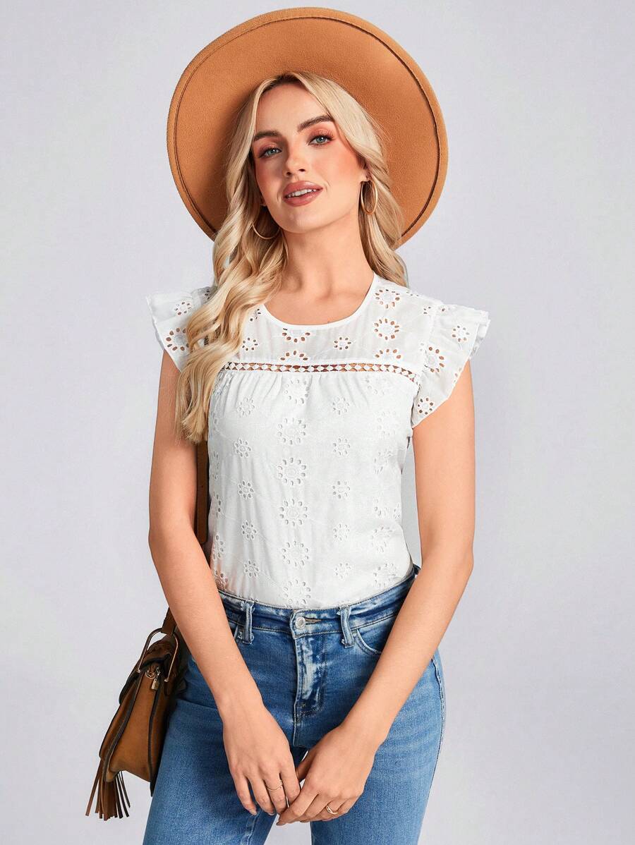 SHEIN LUNE Camisa romántica de vacaciones con mangas de volantes bordadas en blanco para mujer, primavera/verano