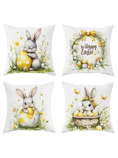 Conjunto de 4 capas de almofada decorativas com coelhinho da Páscoa e flores. Design fofo de coelhinho com laço e ovos de Páscoa amarelos e brancos. Estampa em um lado. Tecido de poliéster macio. Ideal para decoração de primavera. Perfeitas para sala de estar, quarto, sofá ou cama (enchimento não incluso). Acessórios com tema de coelhinho.
