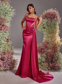 Glamrae Elegant Rose Red Tube Gorgeous Three-Dimensional Hot-Drilled Mesh On Both Sides, See-Through Slimming Hollow Fishtail-Shaped Side 3D Three-Dimensional Flowers Wedding Guest Dress, Suitable For Dates, Vacations, Graduation Back-To-School Season Wedding Events Dinner Dresses, Party Dress, Formal Dress, Evening Dress, Gown - Hot Pink - View 6
