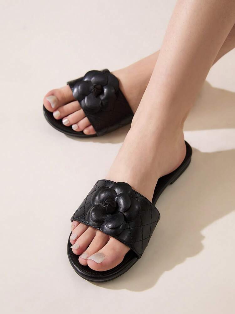 CUCCOO CHICEST Comfortable Black Flower Decor Flat Women Sandals
