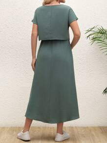 SHEIN 2 件套纯色短袖上衣和高腰长裙休闲孕妇时尚套装 - 灰色 - 查看 2