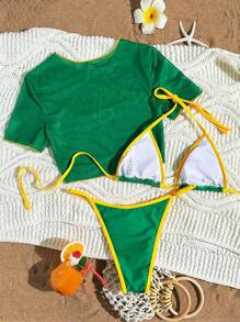 Swim Mod 3pcs Spring Break Women Swimsuit Set, Green Strap Top And Thong Bottoms, Casual Round Neck Short Sleeve Top, Festival Boho Bikini Swimwear Set - Green - View 2
