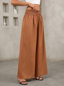 SHEIN LUNE Quần ống rộng họa tiết màu trơn thanh lịch, đa năng, đi làm và giải trí, có dây rút ở eo dành cho nữ - màu nâu - Xem 3