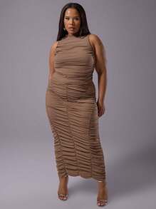 MUSERA Plus Size Extreme Ruched Basic, Classy Style Skirt For Everyday, Date Night, Club, Holiday Summer - Brown - View 1