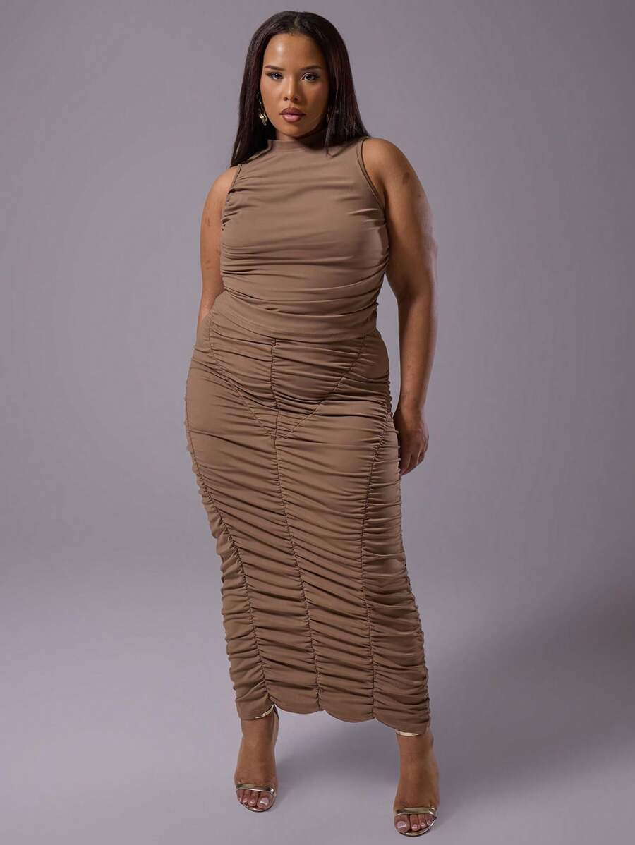 MUSERA Plus Size Extreme Ruched Basic, Classy Style Skirt For Everyday, Date Night, Club, Holiday Summer - Brown - View 1