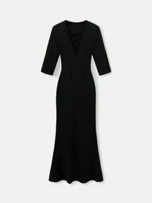 Maija Spring And Summer New Style Black Knitted V-Neck Lace-Up Sexy Women's Long Dress, Urban, Modern And Elegant, Daily Casual Commuting, Suitable For Going Out For Vacation, Party, Wedding And Date Wear