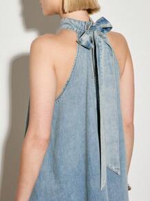 AiiRZ Vestido de denim de corte evasé sin mangas con cuello halter, lavado vintage, estilo mini, de fiesta, casual y de calle, prenda de moda