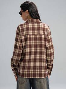 LYSMO 女式秋季格纹落肩长袖单排扣口袋衬衫 - 彩色 - 查看 2