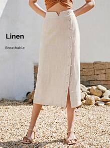 SHEIN LUNE Solid Notched Trim Button Front Skirt - Apricot - View 7