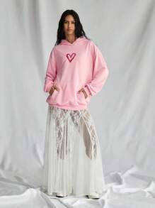 SHEIN Unity 1pc Bohemian Style Women Pink Sweatshirt With 3D Heart Embroidery, Cute & Loose Fit, Autumn/Winter Pullover Fall - Pink - View 3