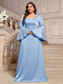 SHEIN Belle Váy phù dâu tay loe màu tím Taro thanh lịch cỡ lớn - Màu xanh nhạt - Xem 4