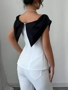 Elenzga Elegant Commuter Contrast Color Fitted Shirt - Black and White - View 2