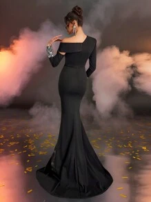 SHEIN Belle 优雅、浪漫、时尚、性感、黑色、针织面料、西装领、水钻装饰、不对称领子、长袖、腰部、鱼尾、长尾、婚礼宾客礼服、适合约会、单身派对、正式晚宴礼服、派对礼服、晚礼服 - 黑色 - 查看 2