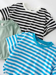 SHEIN 3 Packs Young Boys Buy Two Get One Free Boys' Leisure College Japanese And Korean Street Fashion Versatile Breathable Comfortable Striped Net Color Short Sleeved T-Shirt Multi Piece Set