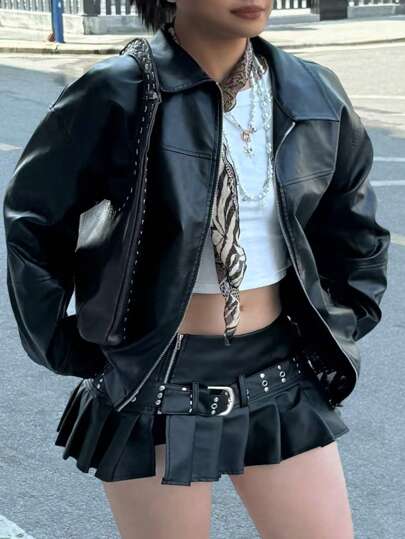 Women Plus Size Black Biker Girl Style Loose Long Sleeve Jacket, Autumn/Winter Fall Cloth For Women