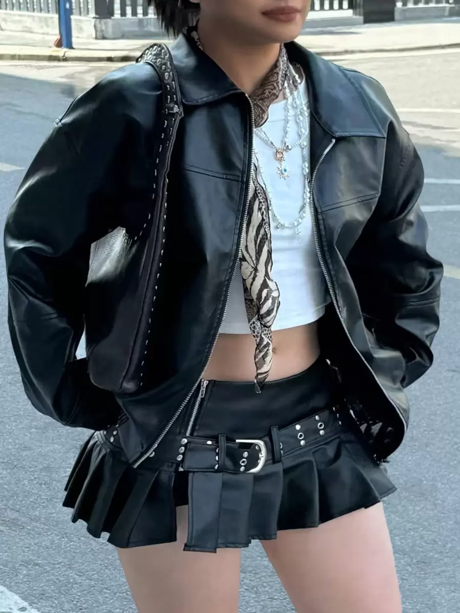 Women Plus Size Black Biker Girl Style Loose Long Sleeve Jacket, Autumn/Winter Fall Cloth For Women - Black - View 1