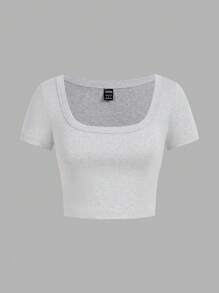 SHEIN EZwear 4 件套休闲简约图案圆领和方领修身短款短袖 T 恤女款，适合夏季 - 彩色 - 查看 5