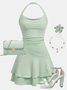 SHEIN Girlism Teen Girls' Knitted Neckline Waist Ruched Cake Hem Dress Graduation Dress