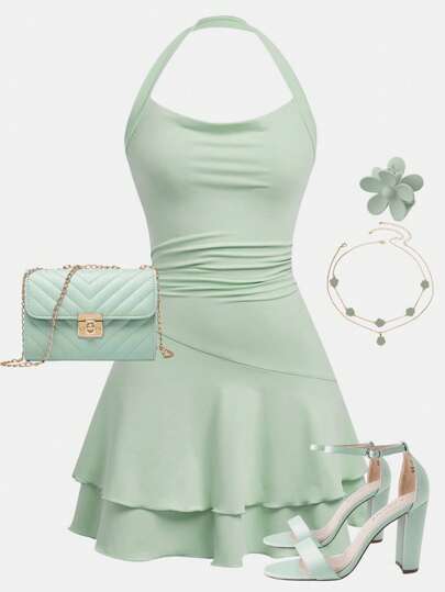 SHEIN Girlism Tonårsflickor stickad halsringning midja Ruched Cake Hem Klänning