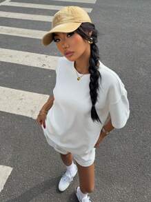 Muchica Women's White Waffle Knit Oversized T-Shirt And Shorts Set: Casual Two-Piece Outfit