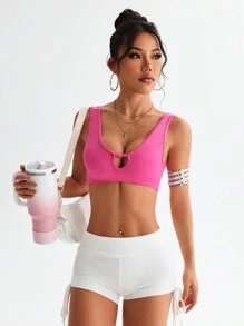 Gameset SHEIN Sport Kaos Olahraga Crop Tanpa Jahitan, Elastis Tinggi, Polos - Hot Pink - View 5