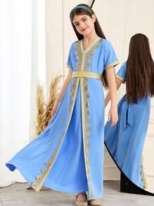 SHEIN Sukienka dla dziewcząt w wieku 12 lat z aplikacją i dekoltem w serek, z krótkim rękawem - Niebieski - Zobacz 3