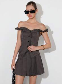 Aveloria GENKIRA 2pcs Set Women Romantic Ruffled Off Shoulder Blouse & Pleated A-Line Skirt, Elegant Academic Style - Grey - View 6