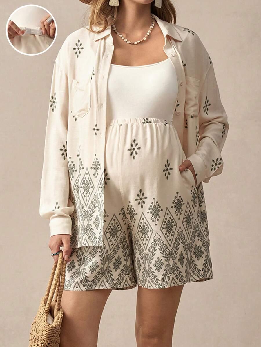 SHEIN Maternity Drop Shoulder Long Sleeve Button-Up Shirt And Adjustable Waist Straight Leg Shorts 2 Pieces Set - Blue and White - View 1